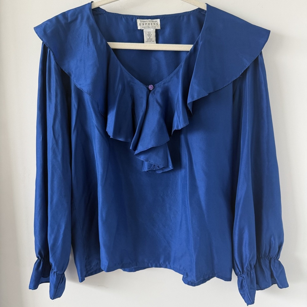 VTG 90s Compagnie Internationale Express 100% silk Ruffle Blouse S Royal Blue